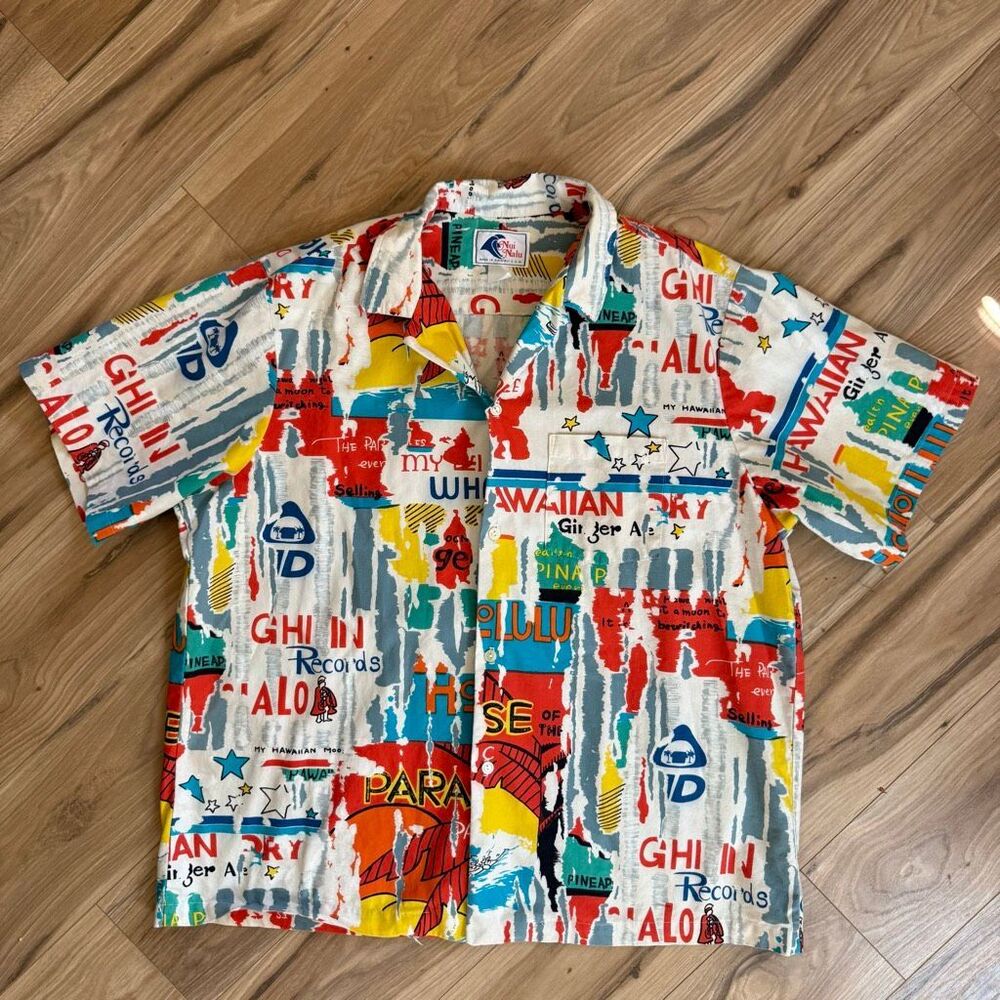 RARE Vintage 70s Nui Nalu Mens Multicolor Brutalist Abstract Hawaiian Aloha Shir
